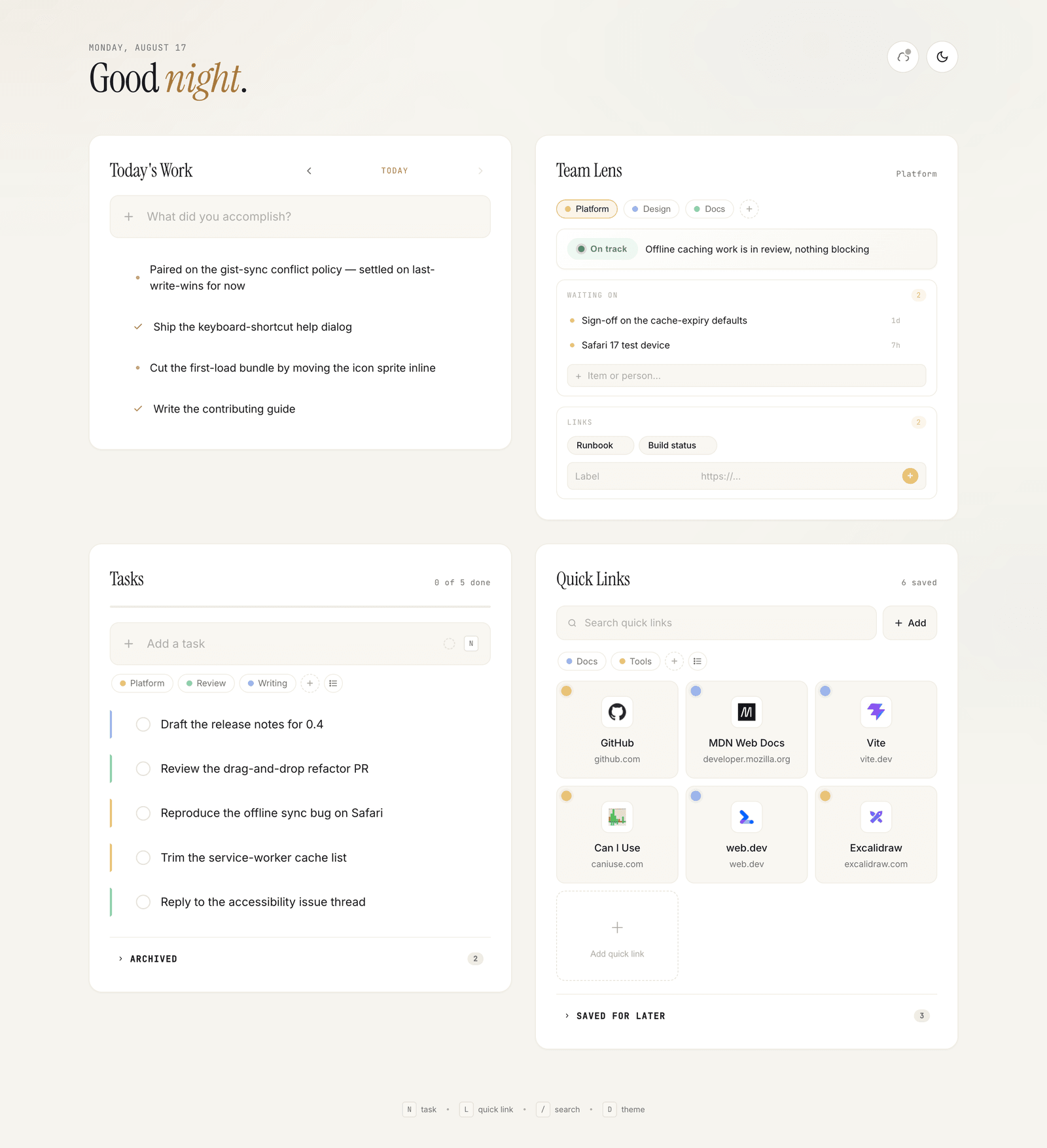 The same dashboard in its light theme, with a warm paper-toned background and the same four panels.